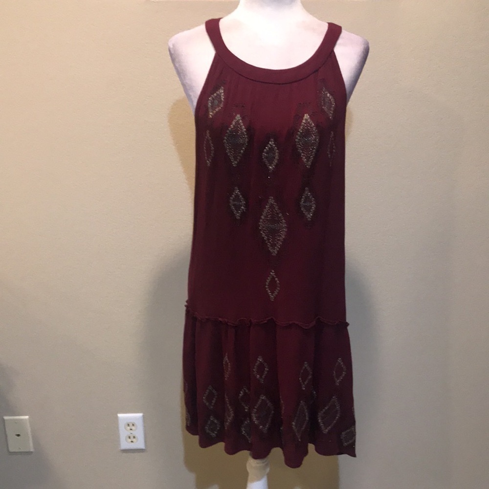 Davina Burgundy Boho Racer Back Floral Lightweight Midi Dress Diamond Design-L